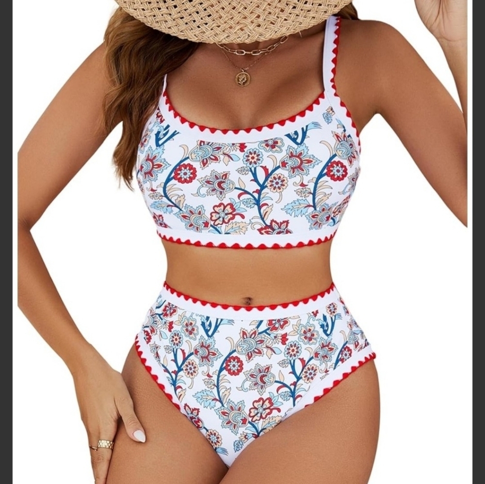 Floral Print High-Waist Bikini Set with Red Trim
